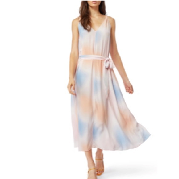 Habitual Blue Pink &Orange Daphne V-Neck Watercolor Nylon Side Slits Dress NWT S